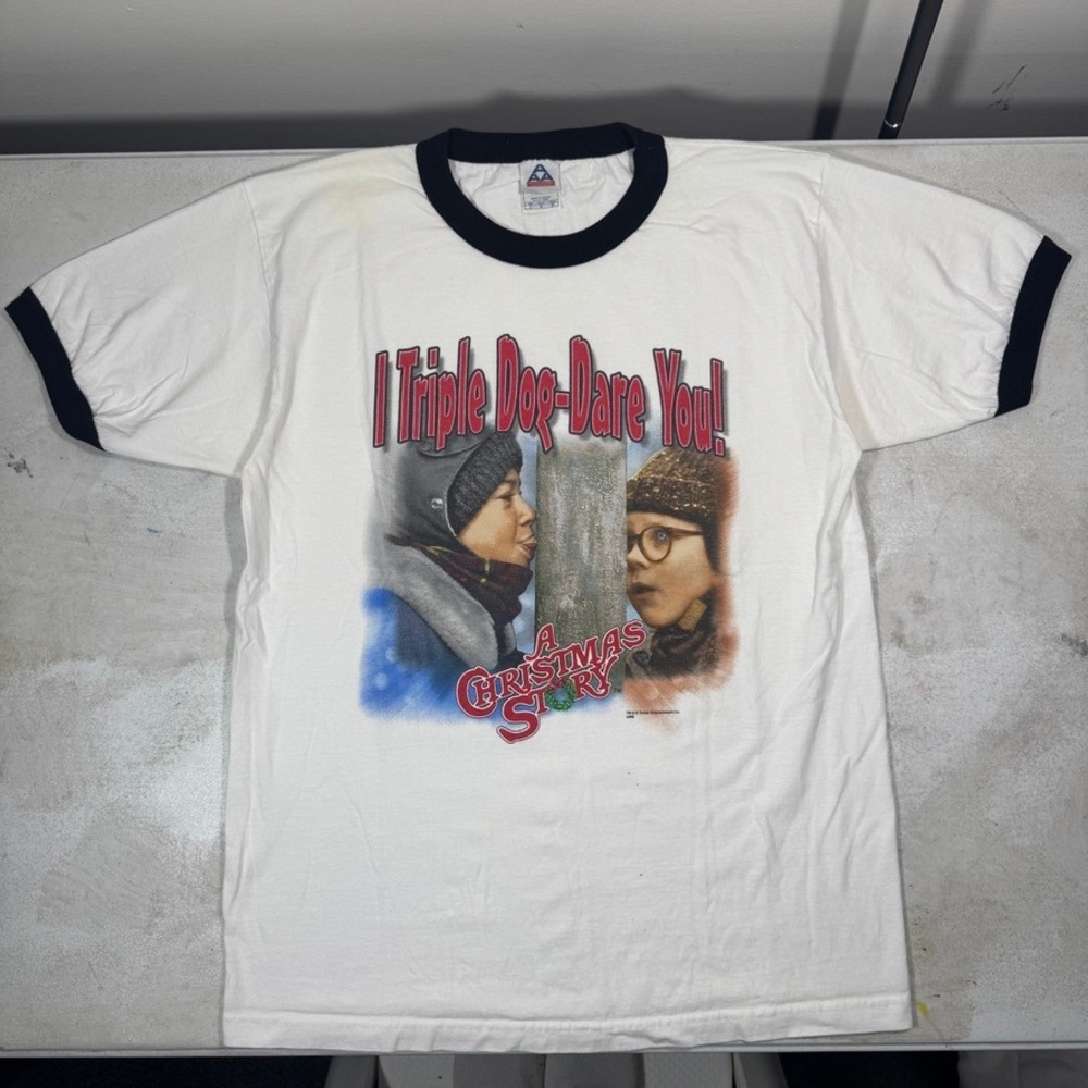 Vintage A Christmas Story Triple Dog Dare You Ringer T-Shirt White Black Large